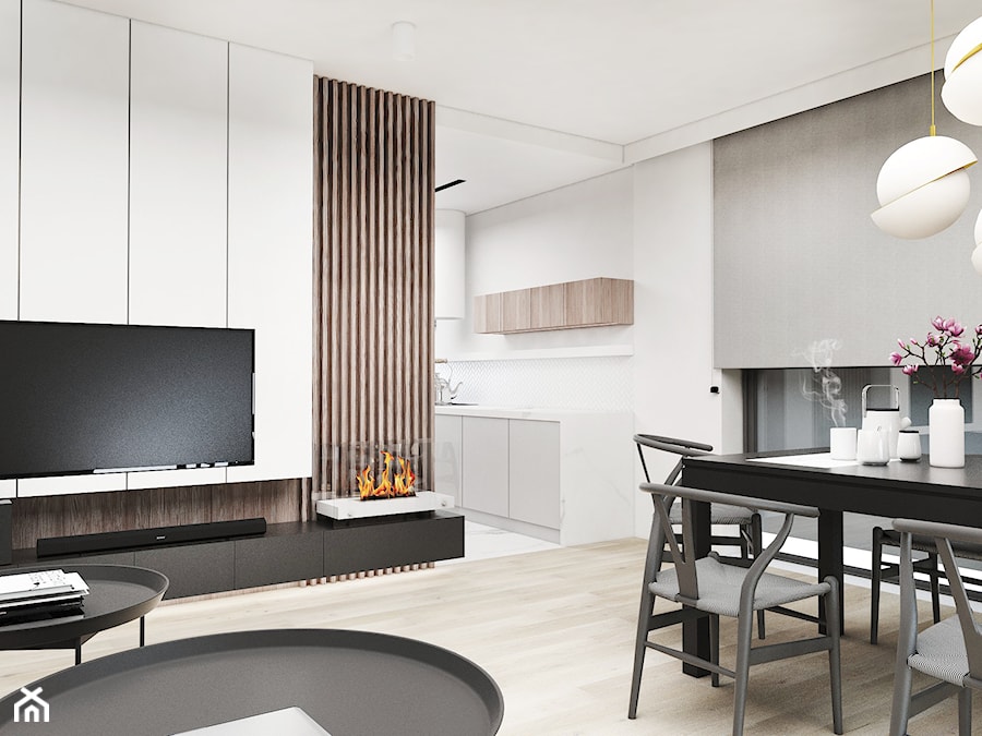 Dom Olkusz - Mały biały szary salon z kuchnią z jadalnią, styl nowoczesny - zdjęcie od FOORMA Pracownia Architektury Wnętrz
