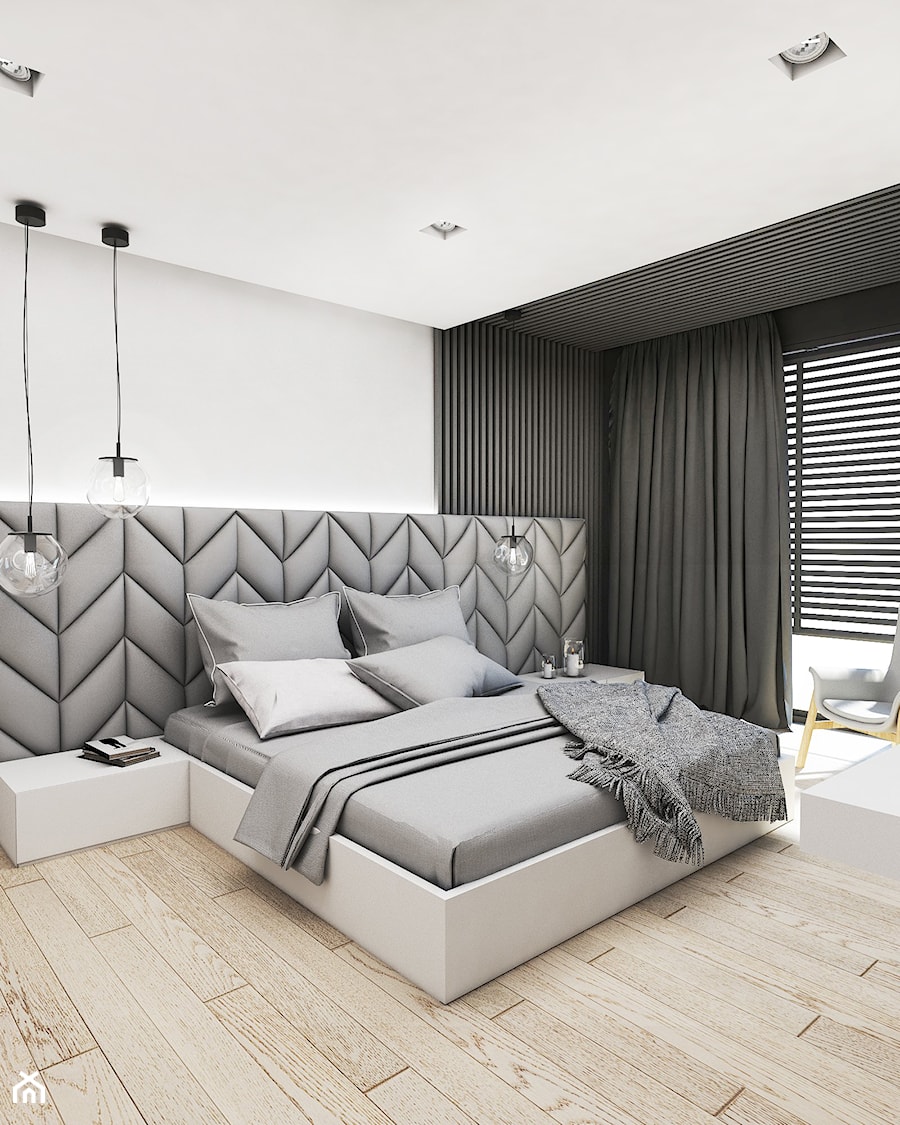 Mieszkanie Jaworzno - Średnia biała z panelami tapicerowanymi sypialnia, styl nowoczesny - zdjęcie od FOORMA Pracownia Architektury Wnętrz