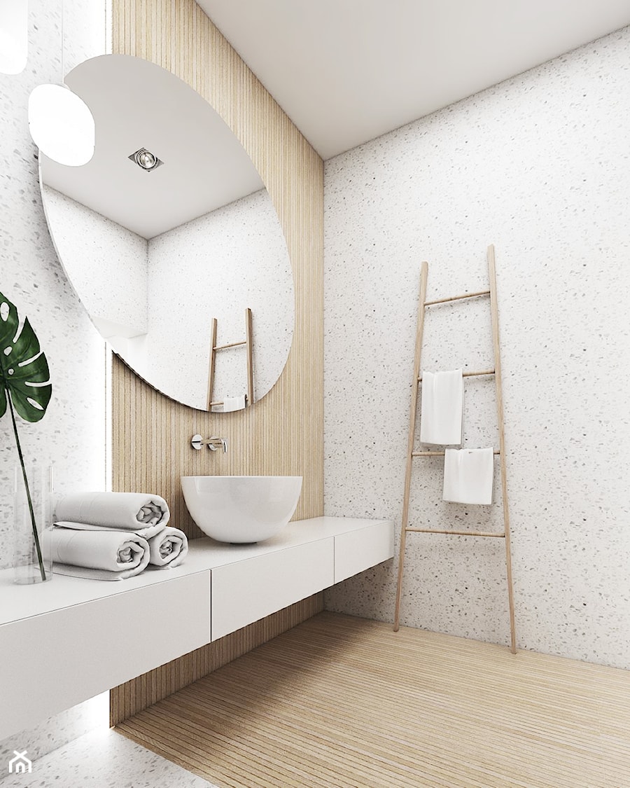 Dom Tychy II - Mała bez okna z lustrem z marmurową podłogą z punktowym oświetleniem łazienka, styl skandynawski - zdjęcie od FOORMA Pracownia Architektury Wnętrz
