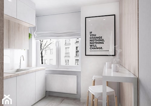 Mieszkanie Gliwice - Otwarta biała z nablatowym zlewozmywakiem kuchnia z oknem, styl nowoczesny - zdjęcie od FOORMA Pracownia Architektury Wnętrz