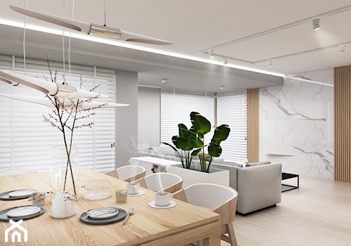 Salon Bielsko - Średnia biała szara jadalnia w salonie, styl nowoczesny - zdjęcie od FOORMA Pracownia Architektury Wnętrz