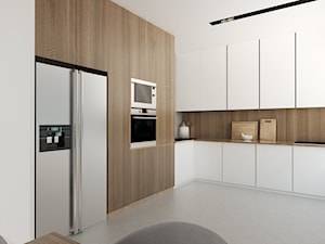Eleganckie mieszkanie - Duża otwarta z salonem biała szara z zabudowaną lodówką z lodówką wolnostojącą z nablatowym zlewozmywakiem kuchnia w kształcie litery l, styl nowoczesny - zdjęcie od FOORMA Pracownia Architektury Wnętrz