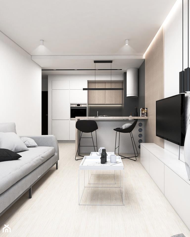 Mieszkanie Katowice II - Mała otwarta z salonem biała czarna z zabudowaną lodówką kuchnia dwurzędowa, styl nowoczesny - zdjęcie od FOORMA Pracownia Architektury Wnętrz