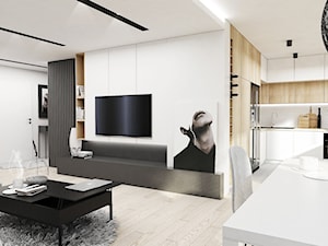 Mieszkanie Jaworzno - Duży biały czarny salon z kuchnią z jadalnią z barkiem, styl nowoczesny - zdjęcie od FOORMA Pracownia Architektury Wnętrz