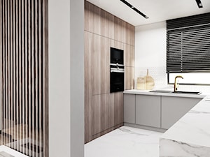 Dom Olkusz - Średnia otwarta biała z zabudowaną lodówką z podblatowym zlewozmywakiem kuchnia w kształcie litery u z oknem, styl nowoczesny - zdjęcie od FOORMA Pracownia Architektury Wnętrz