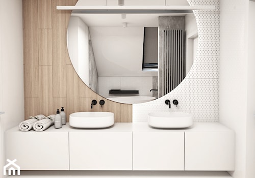 Dom Pęćlin - Średnia na poddaszu z lustrem z dwoma umywalkami z punktowym oświetleniem łazienka z oknem, styl nowoczesny - zdjęcie od FOORMA Pracownia Architektury Wnętrz