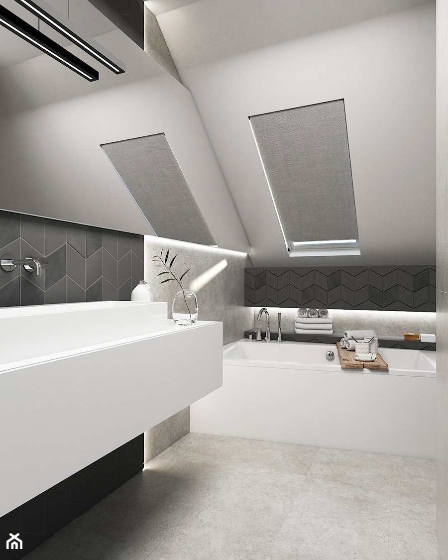 łazienka na poddaszu - Mała na poddaszu z lustrem łazienka z oknem, styl minimalistyczny - zdjęcie od FOORMA Pracownia Architektury Wnętrz
