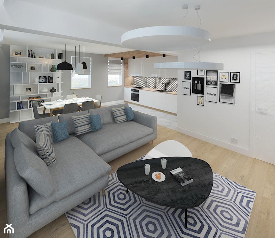 Mieszkanie W krakowie 89 m2 - Średni biały szary salon z kuchnią z jadalnią z bibiloteczką, styl nowoczesny - zdjęcie od Studio 4 Design