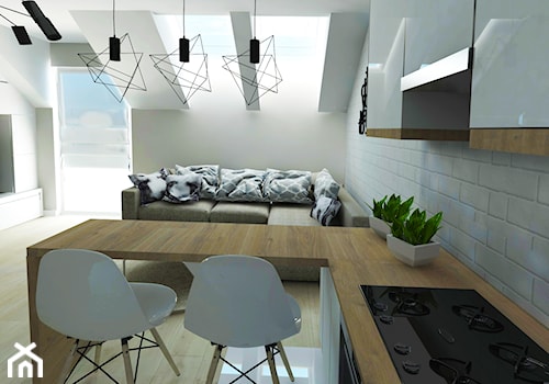 Średnia otwarta z salonem biała z zabudowaną lodówką kuchnia w kształcie litery l z oknem - zdjęcie od Studio 4 Design