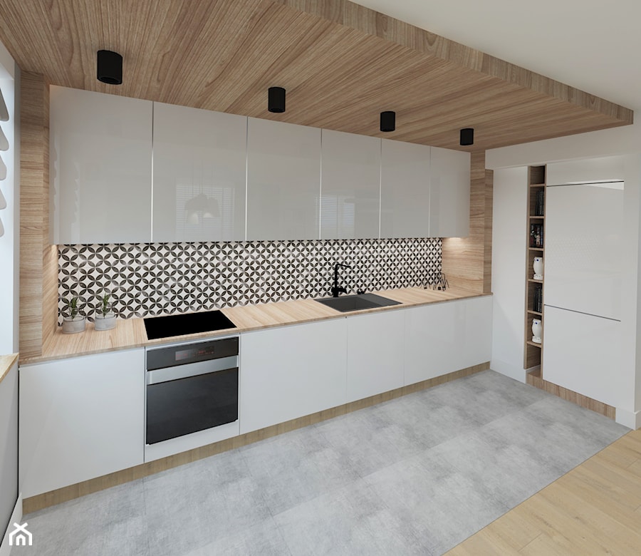 Mieszkanie W krakowie 89 m2 - Średnia otwarta szara z zabudowaną lodówką z nablatowym zlewozmywakiem kuchnia w kształcie litery l z oknem, styl nowoczesny - zdjęcie od Studio 4 Design