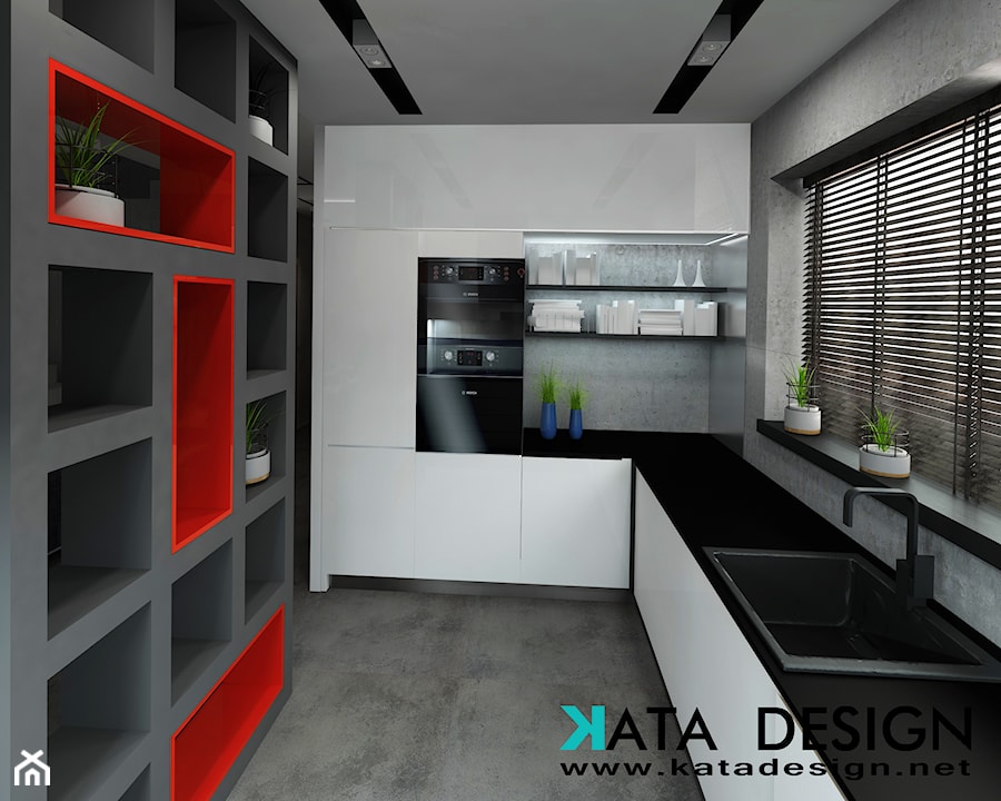 Dom 142 m2 - Średnia zamknięta szara z zabudowaną lodówką z nablatowym zlewozmywakiem kuchnia w kształcie litery l z oknem, styl nowoczesny - zdjęcie od Studio 4 Design