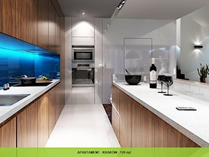 Projekt wnętrza apartamentu w Krakowie - Średnia duża otwarta niebieska z zabudowaną lodówką z podblatowym zlewozmywakiem kuchnia w kształcie litery g, styl nowoczesny - zdjęcie od IRIDE Design