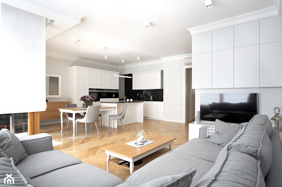 Apartament Mokotów - Średni biały salon z kuchnią z jadalnią, styl nowoczesny - zdjęcie od Soma Architekci
