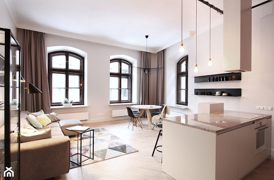 Koneser - Średni biały salon z kuchnią z jadalnią, styl nowoczesny - zdjęcie od Soma Architekci