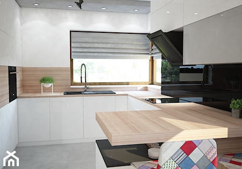Projekt domu jednorodzinnego z pastelowymi kolorami - Średnia otwarta biała z zabudowaną lodówką z nablatowym zlewozmywakiem kuchnia w kształcie litery g z kompozytem na ścianie nad blatem kuchennym, styl nowoczesny - zdjęcie od Mart-Design Architektura Wnętrz