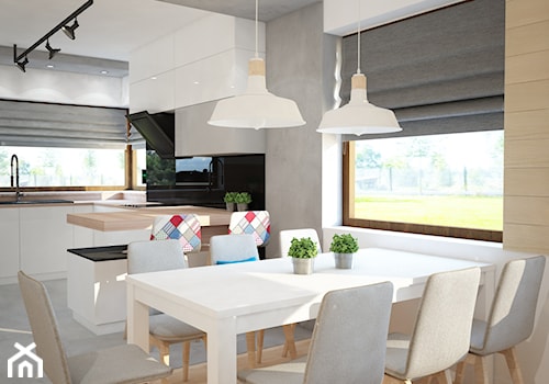 Projekt domu jednorodzinnego z pastelowymi kolorami - Średnia biała jadalnia w kuchni, styl nowoczesny - zdjęcie od Mart-Design Architektura Wnętrz