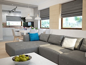 Projekt domu jednorodzinnego z pastelowymi kolorami - Średni biały szary salon z kuchnią z jadalnią, styl nowoczesny - zdjęcie od Mart-Design Architektura Wnętrz