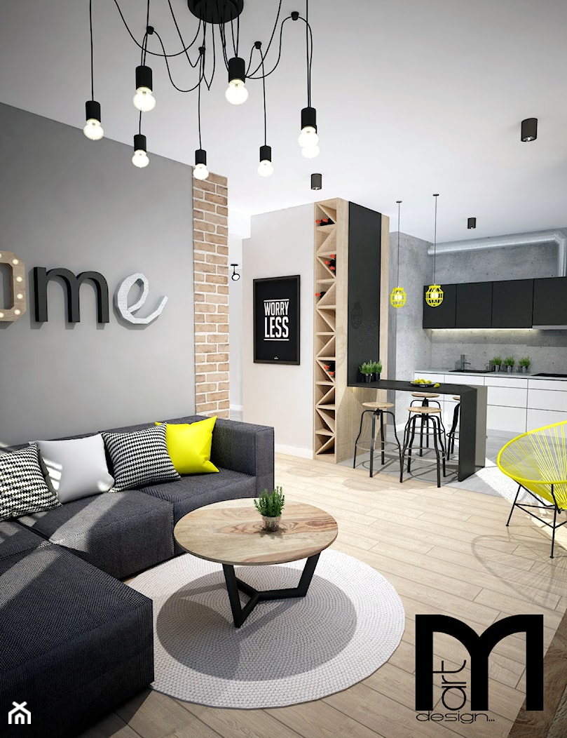 Projekt mieszkania w Warszawie - Mały szary salon z kuchnią, styl industrialny - zdjęcie od Mart-Design Architektura Wnętrz - Homebook