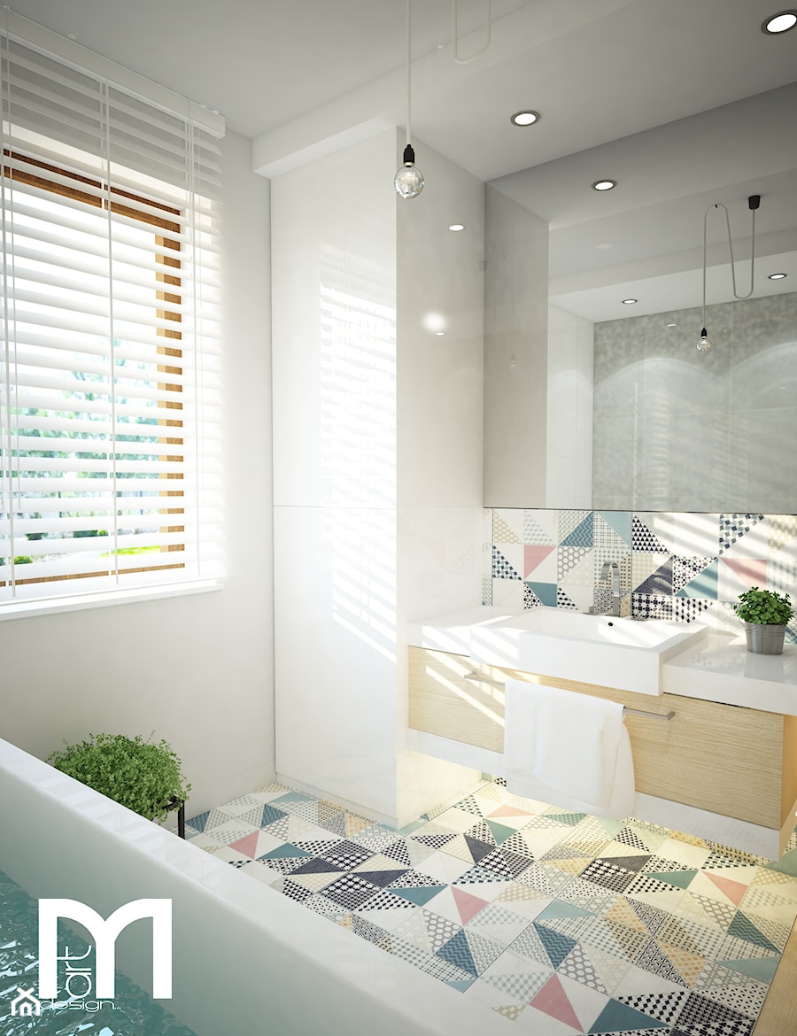Projekt domu jednorodzinnego z pastelowymi kolorami - Mała na poddaszu łazienka z oknem, styl nowoczesny - zdjęcie od Mart-Design Architektura Wnętrz