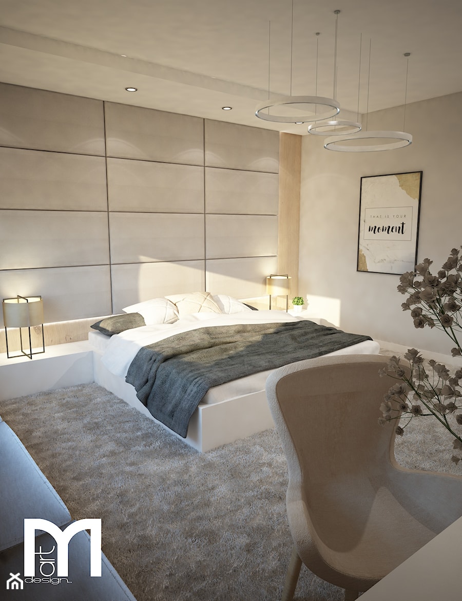 Przytulna sypialnia - Średnia beżowa biała z panelami tapicerowanymi sypialnia, styl nowoczesny - zdjęcie od Mart-Design Architektura Wnętrz