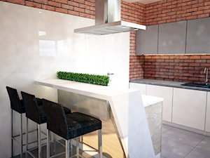 Projekt domu jednorodzinnego okolice Ostrołęki - Średnia otwarta z kamiennym blatem biała brązowa z zabudowaną lodówką kuchnia, styl nowoczesny - zdjęcie od Mart-Design Architektura Wnętrz