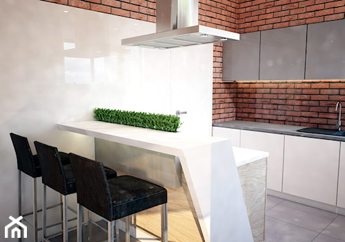 Projekt domu jednorodzinnego okolice Ostrołęki - Średnia otwarta z kamiennym blatem biała brązowa z zabudowaną lodówką kuchnia, styl nowoczesny - zdjęcie od Mart-Design Architektura Wnętrz