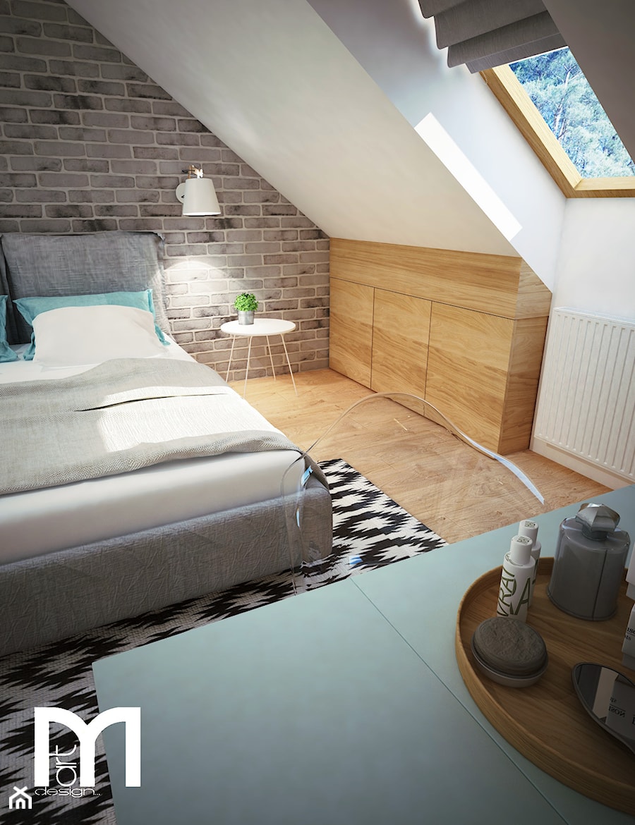 Projekt sypialni na poddaszu - Średnia biała szara sypialnia na poddaszu, styl industrialny - zdjęcie od Mart-Design Architektura Wnętrz