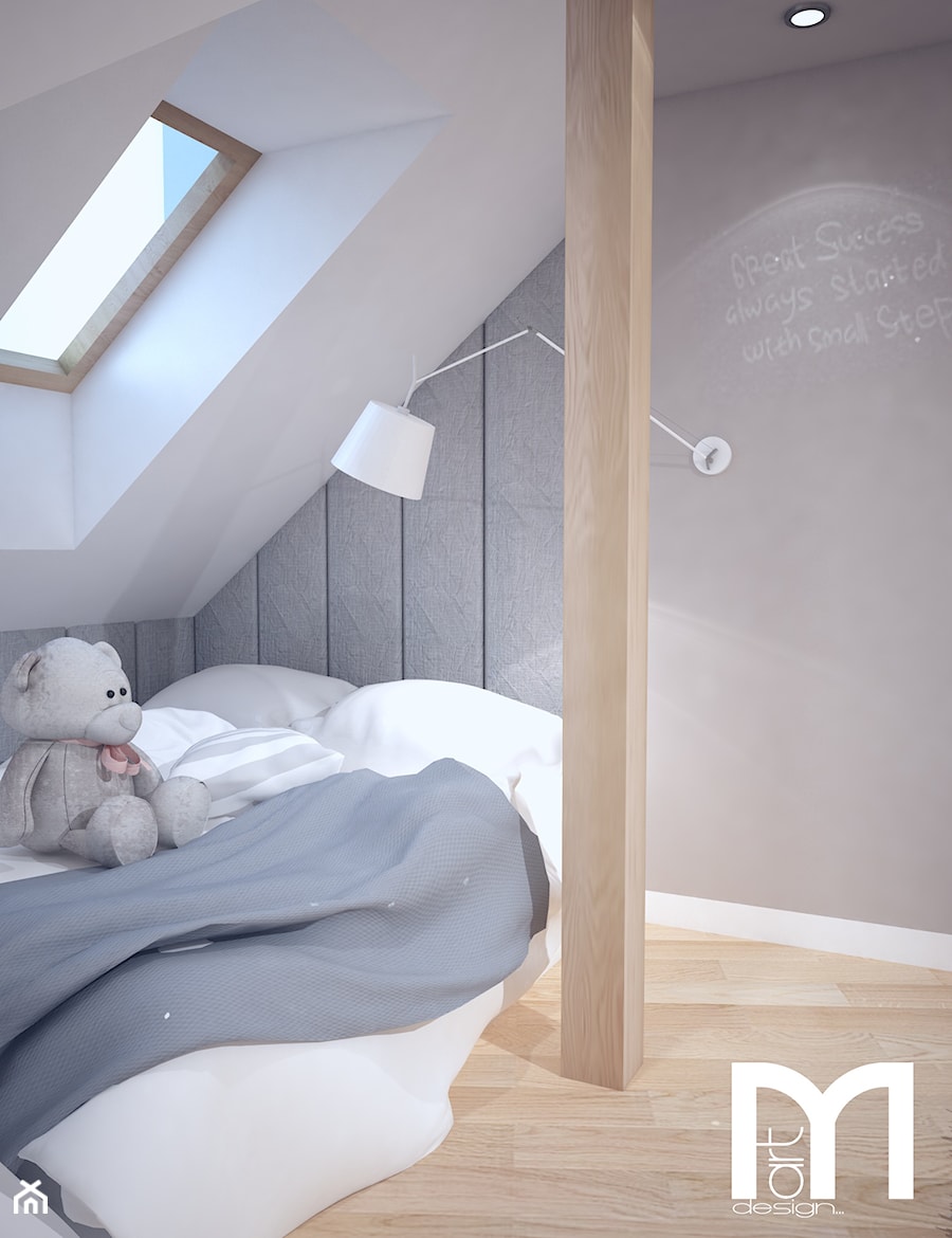 Nowoczesny pokój dla dziewczynki - Mała biała szara sypialnia na poddaszu, styl nowoczesny - zdjęcie od Mart-Design Architektura Wnętrz