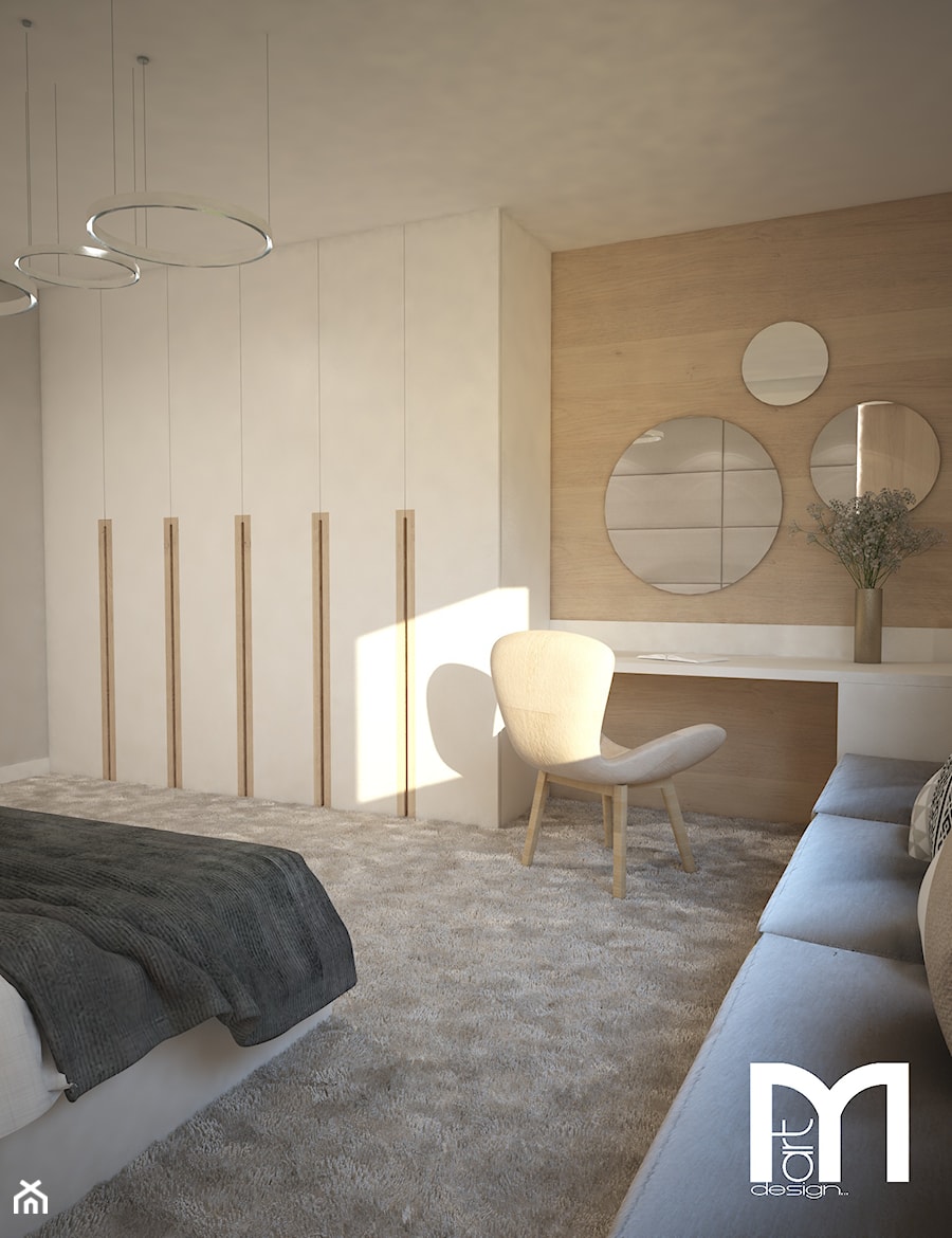Przytulna sypialnia - Średnia beżowa brązowa z panelami tapicerowanymi sypialnia, styl nowoczesny - zdjęcie od Mart-Design Architektura Wnętrz