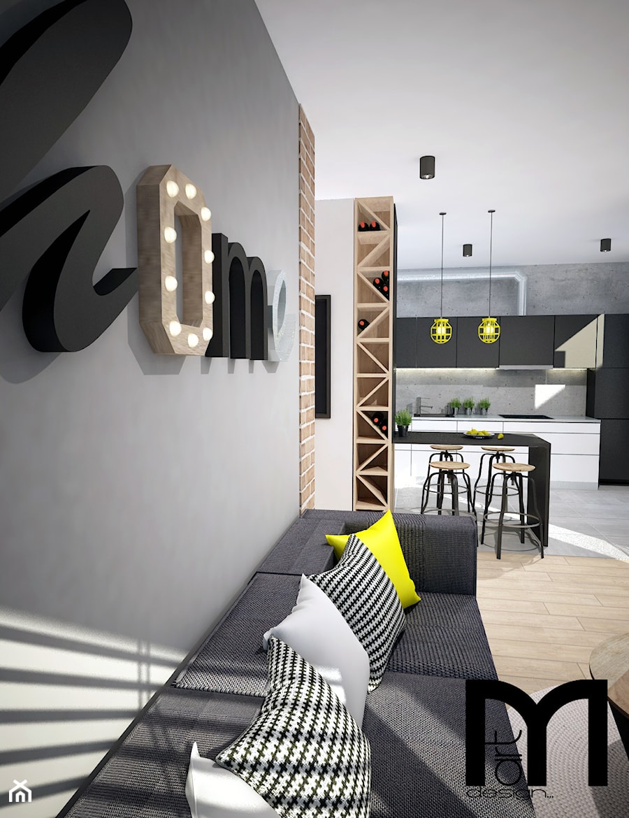 Projekt mieszkania w Warszawie - Średni szary salon z kuchnią z jadalnią, styl industrialny - zdjęcie od Mart-Design Architektura Wnętrz