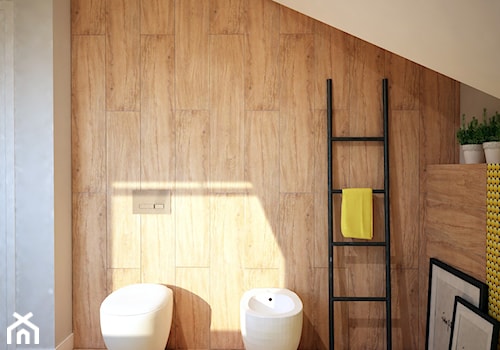 Projekt łazienki z mocnym akcentem kolorystycznym - Mała na poddaszu łazienka z oknem, styl nowoczesny - zdjęcie od Mart-Design Architektura Wnętrz