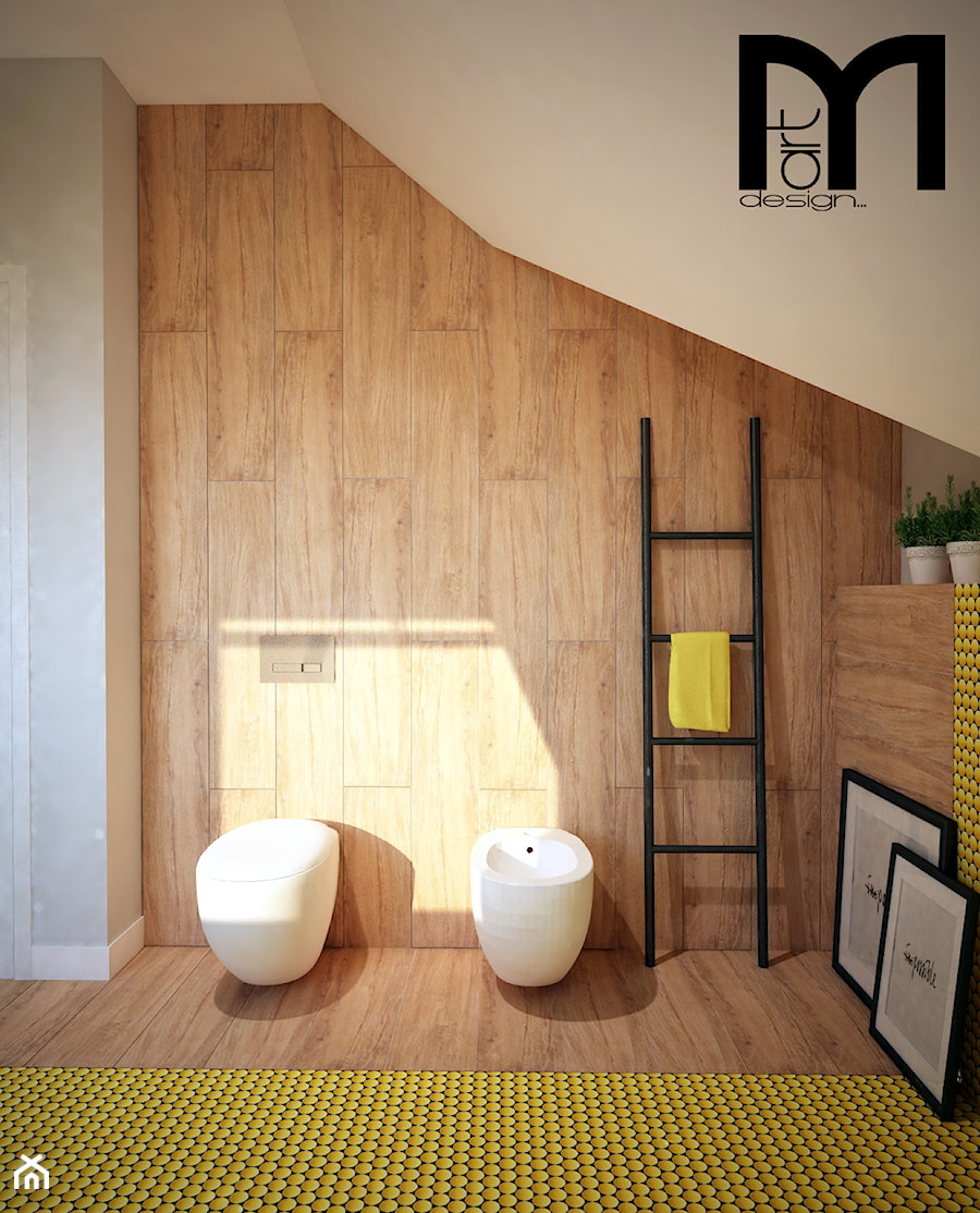 Projekt łazienki z mocnym akcentem kolorystycznym - Mała na poddaszu łazienka z oknem, styl nowoczesny - zdjęcie od Mart-Design Architektura Wnętrz
