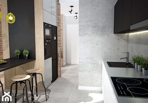 Projekt mieszkania w Warszawie - Średnia otwarta szara z zabudowaną lodówką z podblatowym zlewozmywakiem kuchnia dwurzędowa, styl industrialny - zdjęcie od Mart-Design Architektura Wnętrz