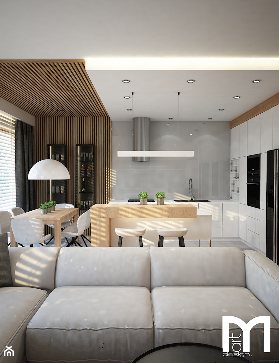 Projekt domu Warszawa Pruszków - Mały biały szary salon z kuchnią z jadalnią, styl nowoczesny - zdjęcie od Mart-Design Architektura Wnętrz