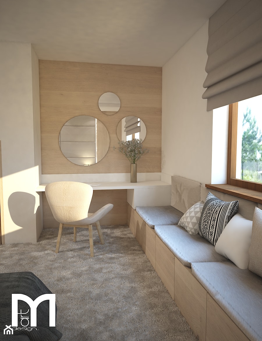 Przytulna sypialnia - Małe w osobnym pomieszczeniu z sofą z zabudowanym biurkiem białe biuro, styl skandynawski - zdjęcie od Mart-Design Architektura Wnętrz