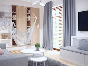 Nowoczesny pokój dla dziewczynki - Średni biały szary salon z tarasem / balkonem z bibiloteczką, styl nowoczesny - zdjęcie od Mart-Design Architektura Wnętrz