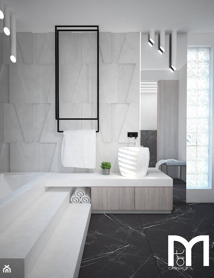Nowoczesna łazienka z betonowymi panelami 3D - Średnia bez okna z lustrem z marmurową podłogą łazienka, styl nowoczesny - zdjęcie od Mart-Design Architektura Wnętrz