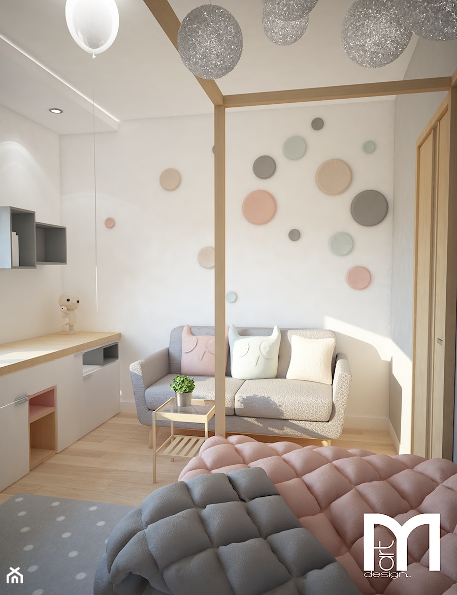 Projekt domu jednorodzinnego z pastelowymi kolorami - Mały biały z panelami tapicerowanymi pokój dziecka dla dziecka dla nastolatka dla dziewczynki, styl nowoczesny - zdjęcie od Mart-Design Architektura Wnętrz