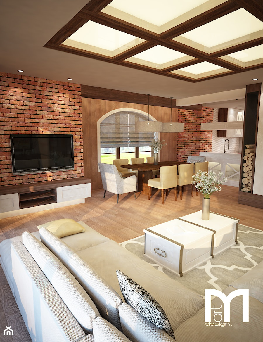 Wnętrze ciepłe, klimatyczne... - Duży biały salon z jadalnią, styl tradycyjny - zdjęcie od Mart-Design Architektura Wnętrz