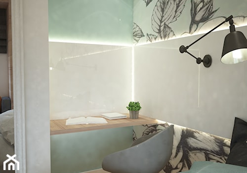 Projekt domu jednorodzinnego z pastelowymi kolorami - Mała biała miętowa z biurkiem sypialnia, styl nowoczesny - zdjęcie od Mart-Design Architektura Wnętrz