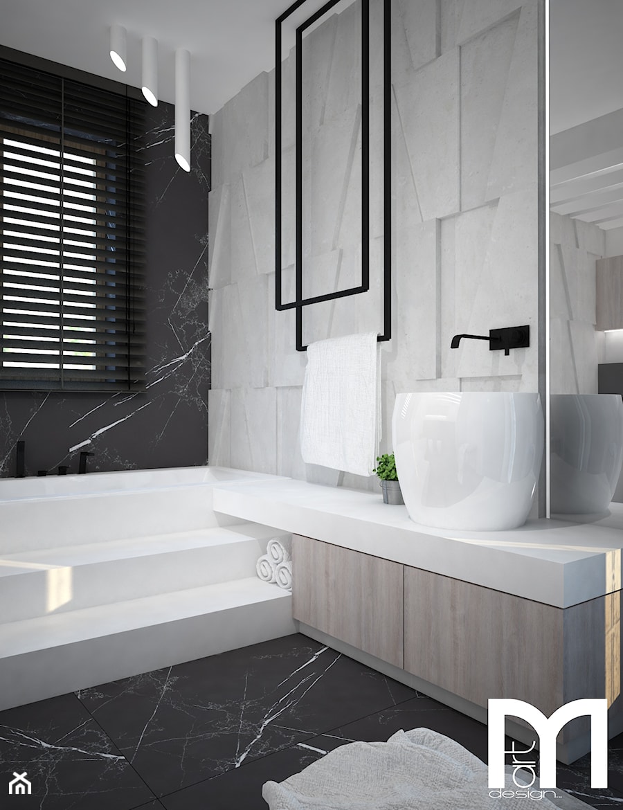 Nowoczesna łazienka z betonowymi panelami 3D - Średnia z lustrem z marmurową podłogą łazienka z oknem, styl nowoczesny - zdjęcie od Mart-Design Architektura Wnętrz