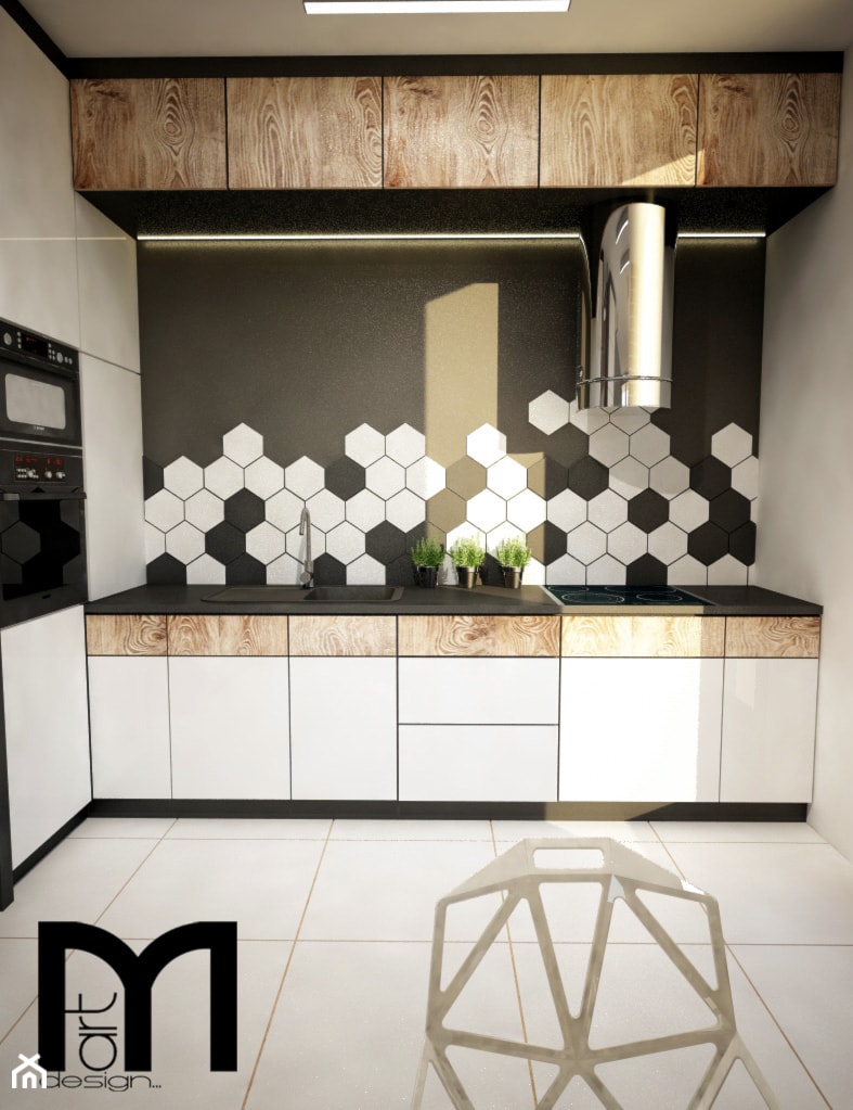 Mała otwarta z salonem czarna szara z zabudowaną lodówką z nablatowym zlewozmywakiem kuchnia jednorzędowa, styl nowoczesny - zdjęcie od Mart-Design Architektura Wnętrz
