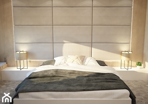 Przytulna sypialnia - Średnia beżowa biała z panelami tapicerowanymi sypialnia, styl skandynawski - zdjęcie od Mart-Design Architektura Wnętrz