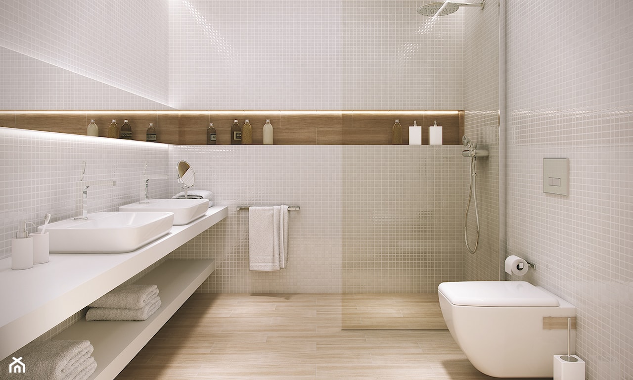nowoczesna łazienka, beżowa mozaika, biały blat, bateria podtynkowa