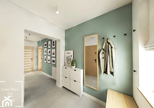 Salon z aneksem - Tymbark - Średni z wieszakiem biały zielony hol / przedpokój, styl nowoczesny - zdjęcie od Good Place For Living