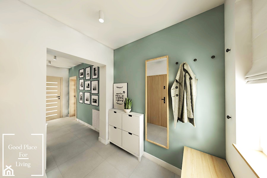 Salon z aneksem - Tymbark - Średni z wieszakiem biały zielony hol / przedpokój, styl nowoczesny - zdjęcie od Good Place For Living