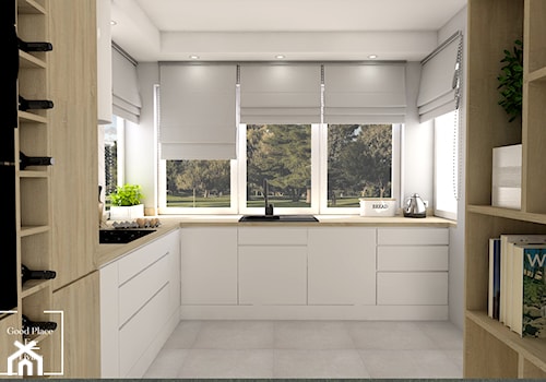 Słoneczna kuchnia - Średnia zamknięta biała z zabudowaną lodówką z nablatowym zlewozmywakiem kuchnia w kształcie litery l z oknem - zdjęcie od Good Place For Living