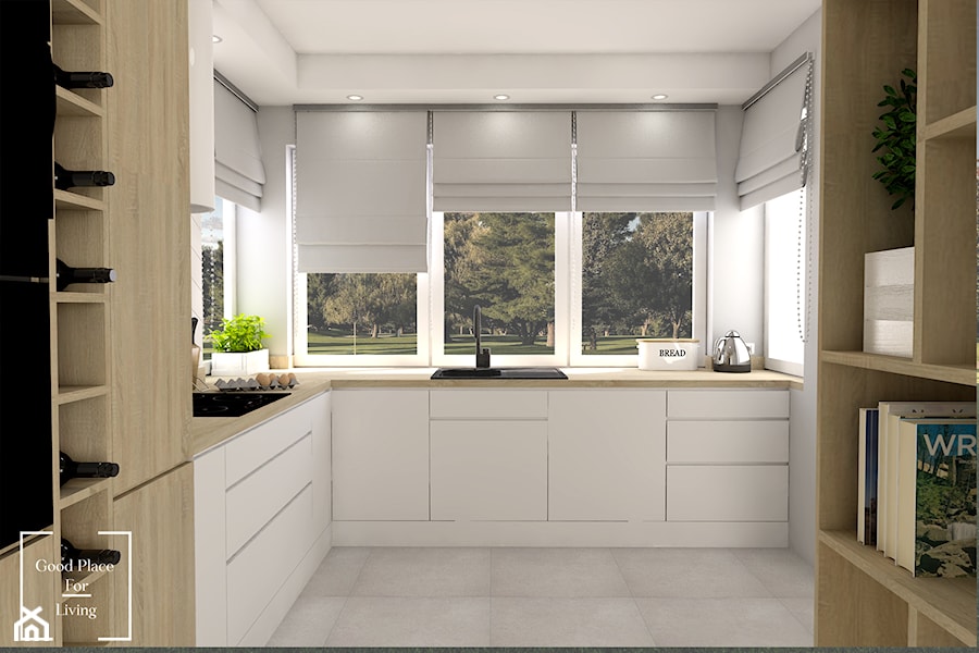 Słoneczna kuchnia - Średnia zamknięta biała z zabudowaną lodówką z nablatowym zlewozmywakiem kuchnia w kształcie litery l z oknem - zdjęcie od Good Place For Living