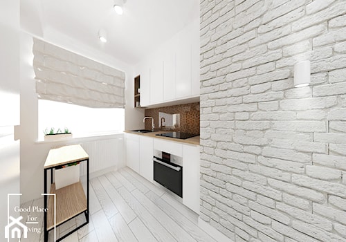 Mieszkanie w stylu skandynawskim osiedle Avia - Średnia zamknięta biała z zabudowaną lodówką z nablatowym zlewozmywakiem kuchnia w kształcie litery l z oknem, styl skandynawski - zdjęcie od Good Place For Living