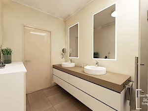 Dom w odcieniach cappuccino - Mała na poddaszu bez okna z dwoma umywalkami łazienka, styl nowoczesny - zdjęcie od Good Place For Living